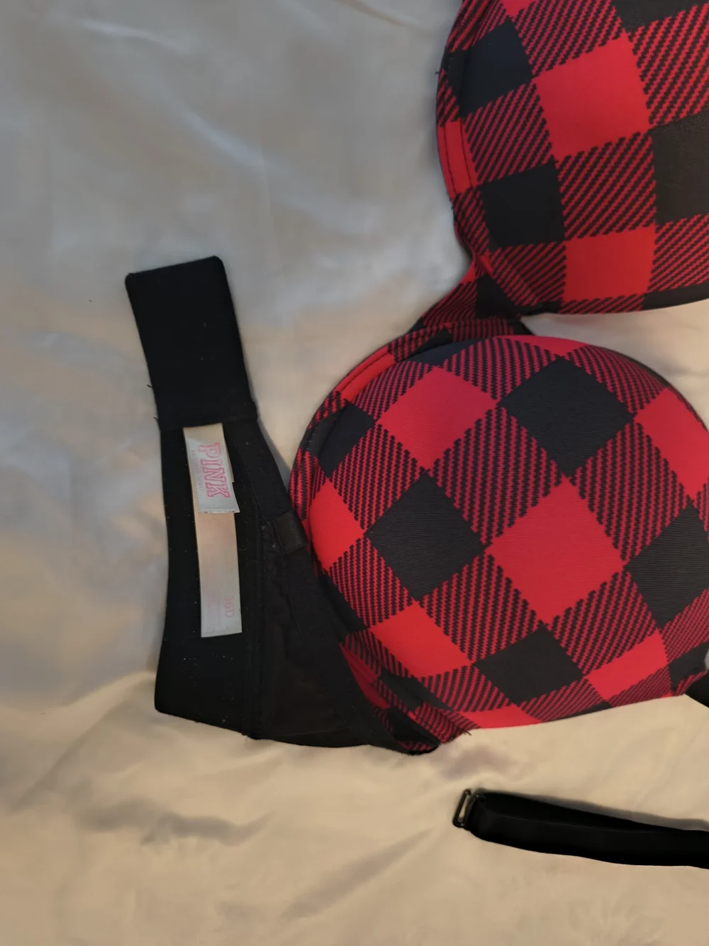 PINK Victoria's Secret Red and Black Buffalo Plaid Logo Band T-Shirt Bra